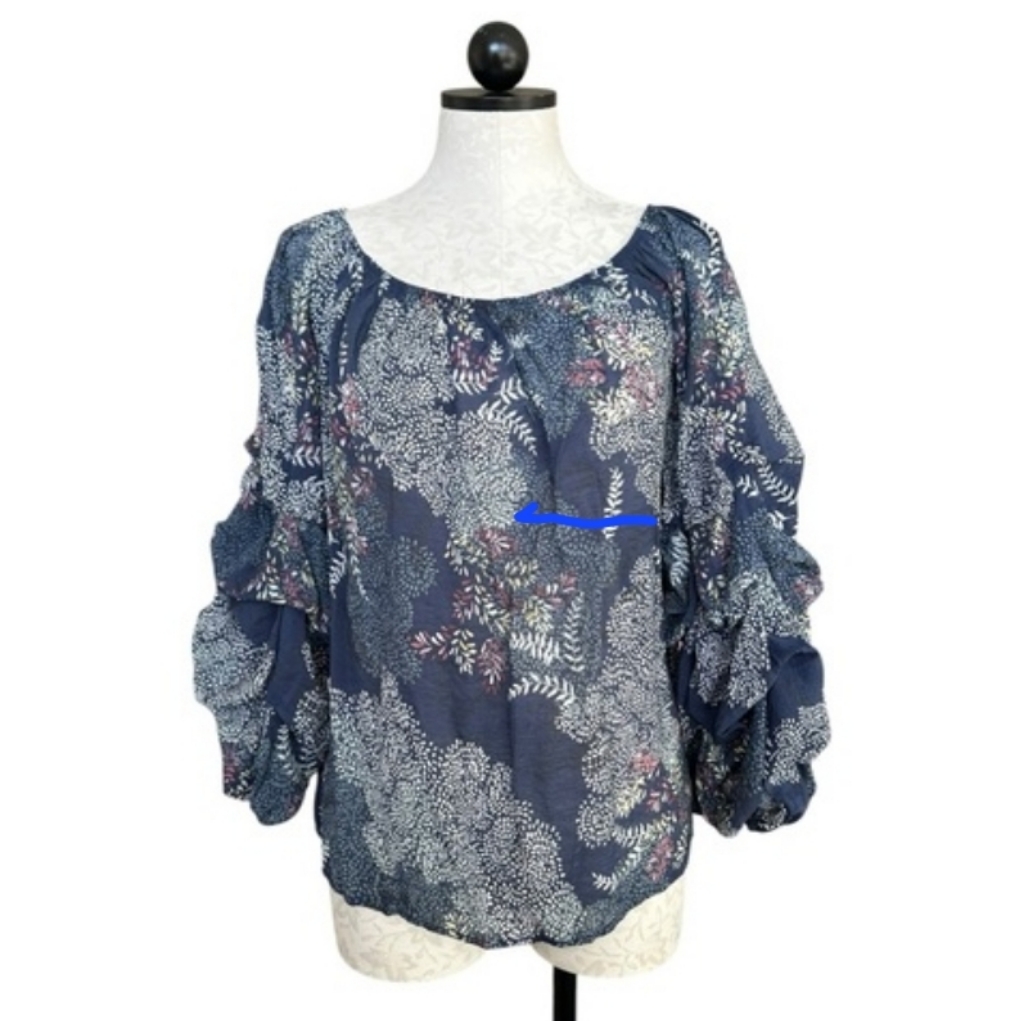 Patrizia Luca Milano Blouse Peasant Floral Navy Blue Ruffled 3/4 Sleeves Size L